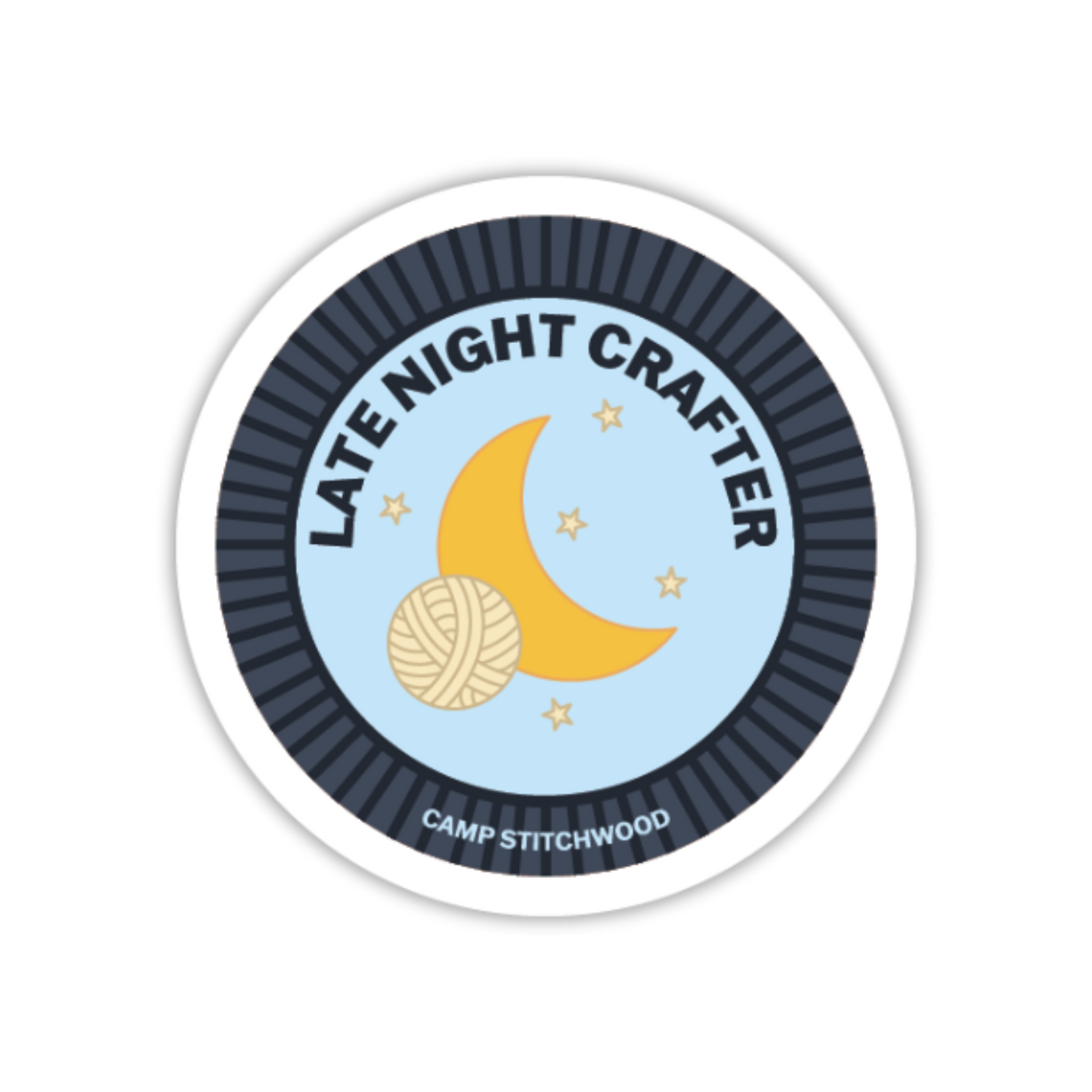 Camp Stitchwood Late Night Crafter Name Badge Sticker featuring moon and yarn design