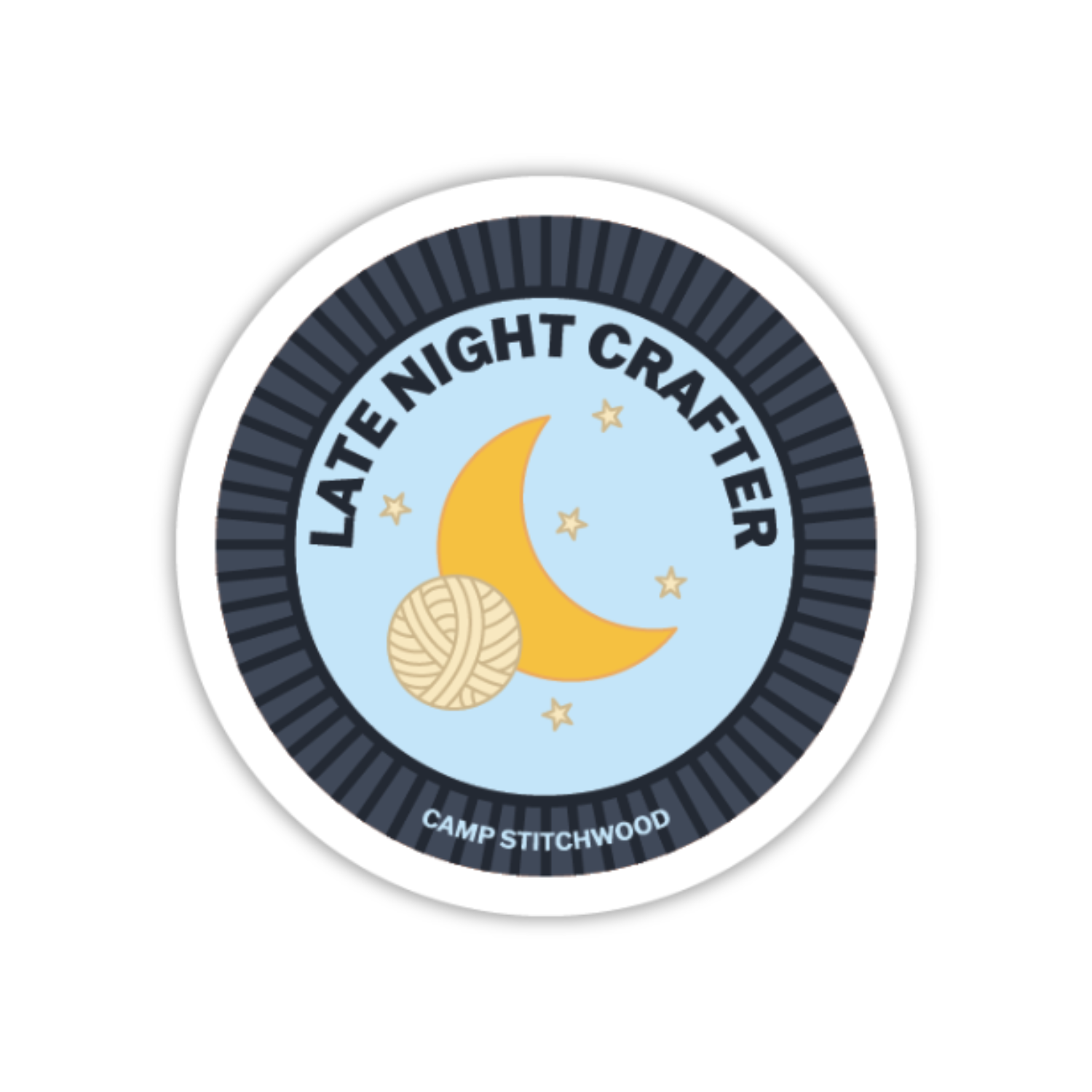 Camp Stitchwood Late Night Crafter Name Badge Sticker featuring moon and yarn design