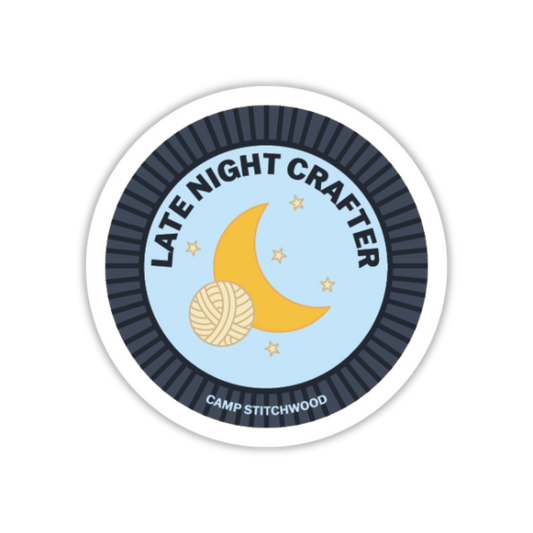 Camp Stitchwood Late Night Crafter Name Badge Sticker featuring moon and yarn design