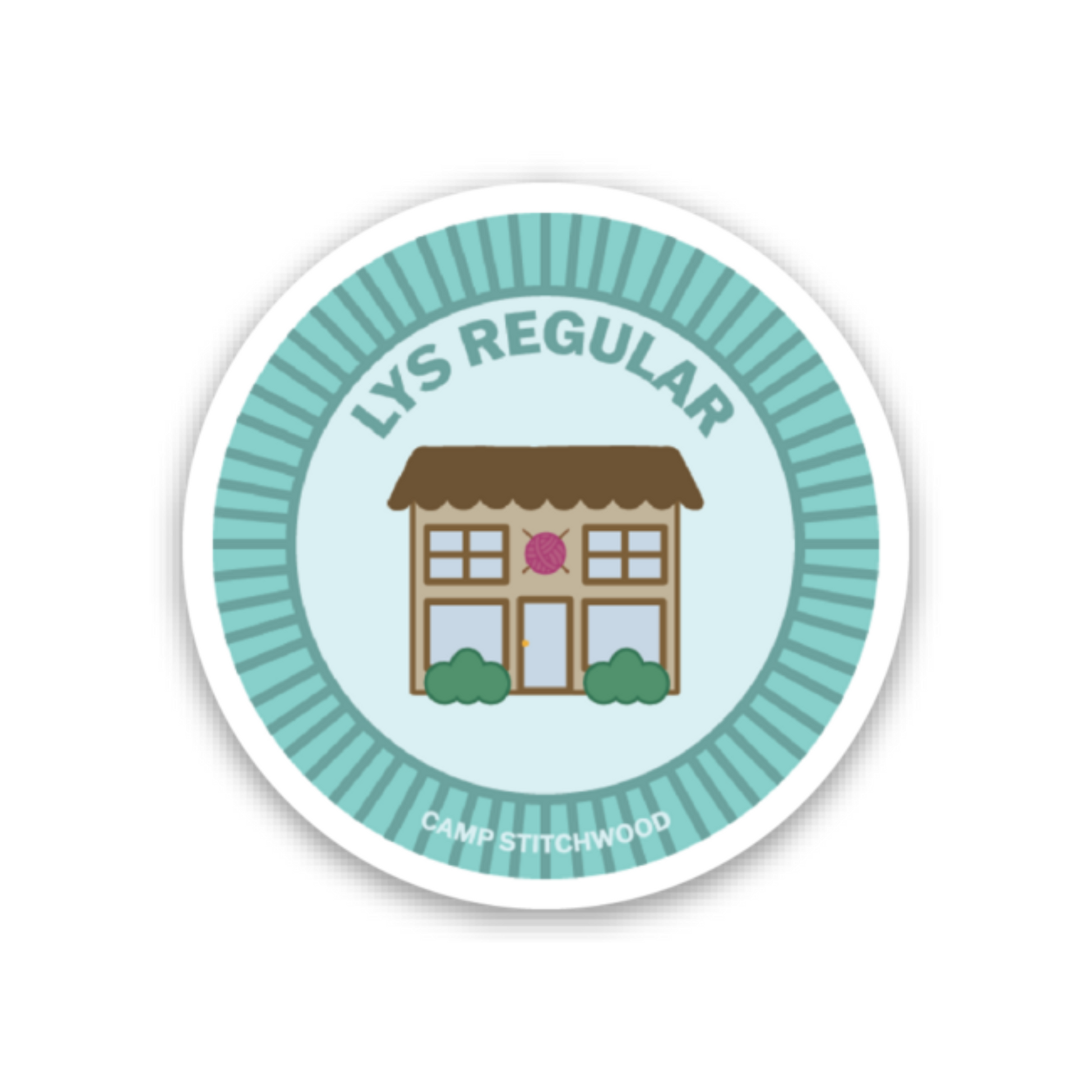 Camp Stitchwood name badge sticker featuring a playful illustration of a building with a decorative design