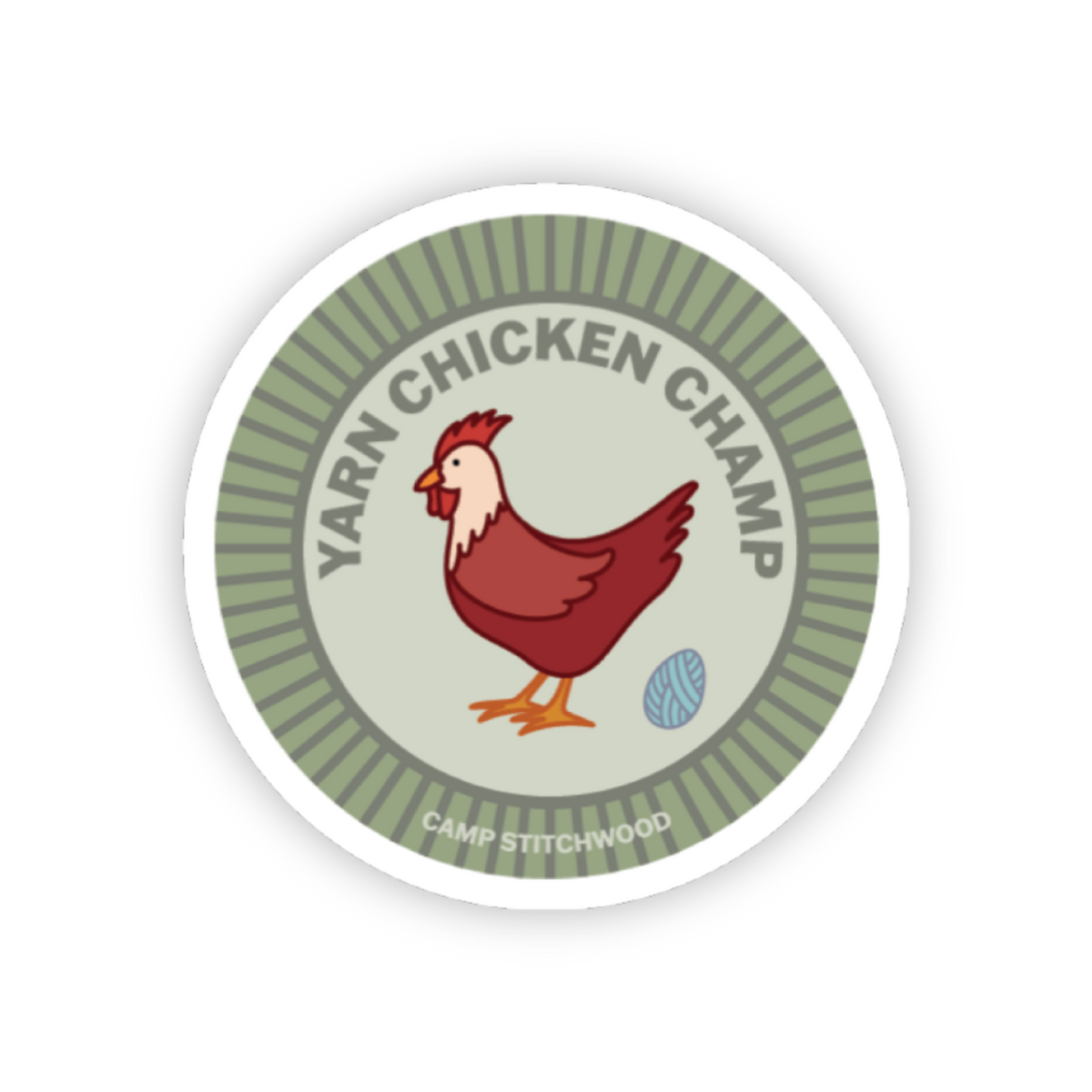 Camp Stitchwood Yarn Chicken Champ name badge sticker featuring a playful chicken design