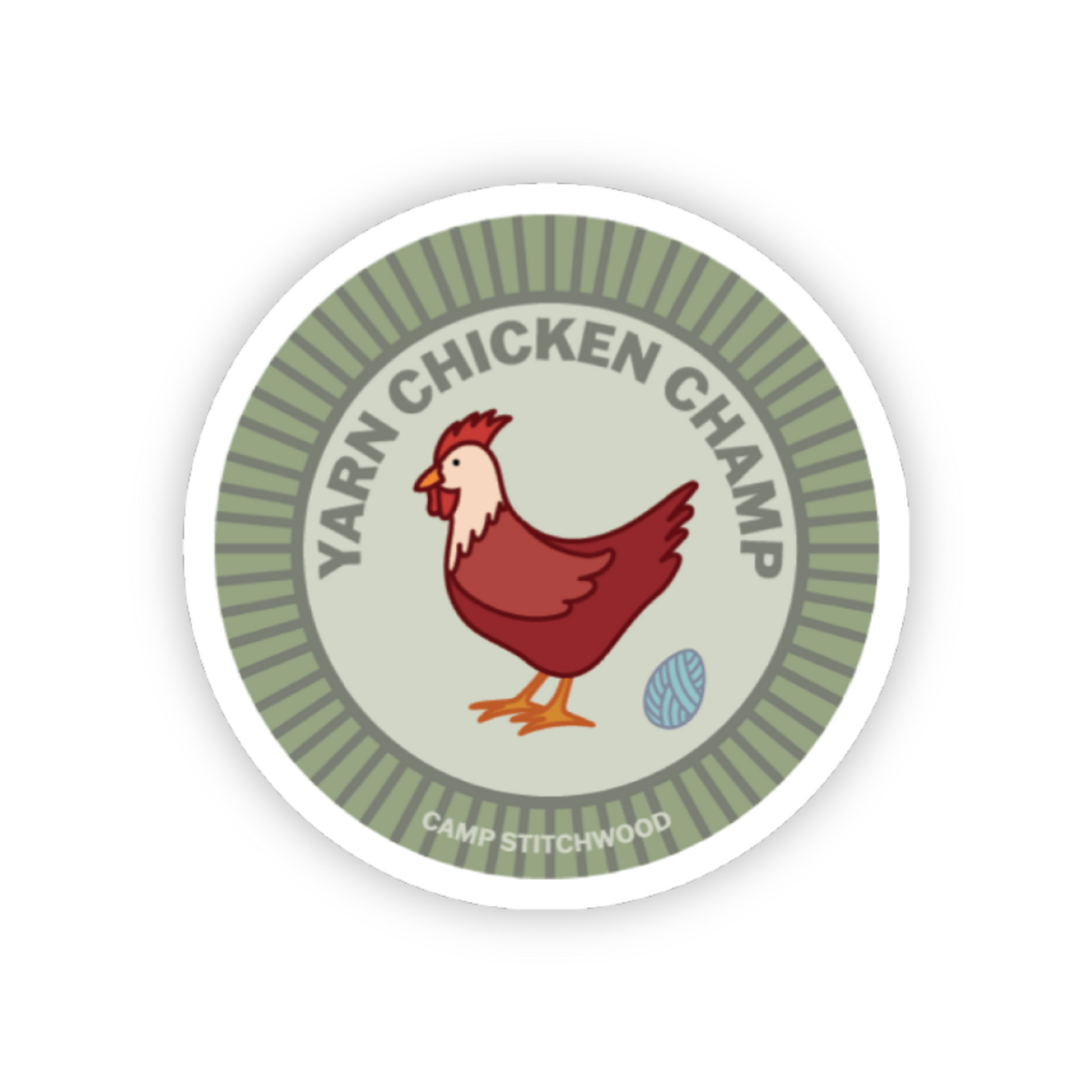 Camp Stitchwood Yarn Chicken Champ name badge sticker featuring a playful chicken design