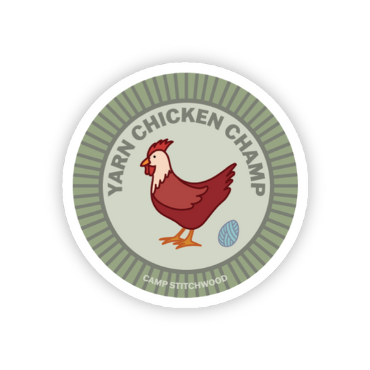 Camp Stitchwood Yarn Chicken Champ name badge sticker featuring a playful chicken design