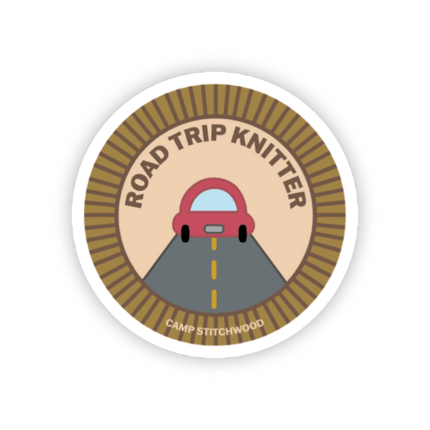 Camp Stitchwood Road Trip Knitter Sticker with a car on a road graphic