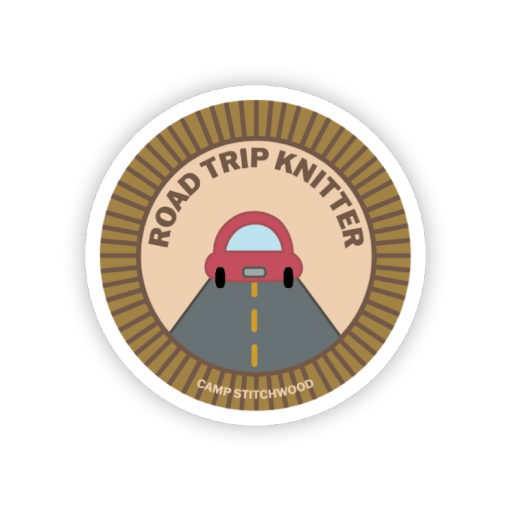Camp Stitchwood Road Trip Knitter Sticker with a car on a road graphic