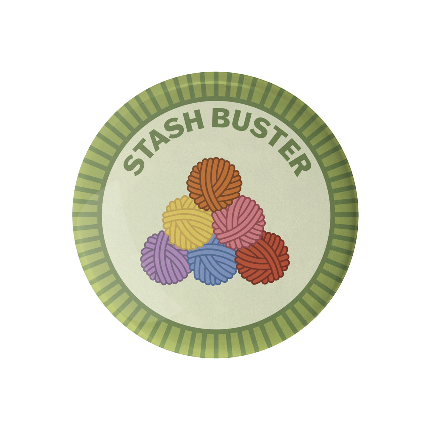 Camp Stitchwood Stash Buster sewing ma patch featuring colorful yarn balls in a creative design