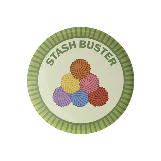 Camp Stitchwood Stash Buster sewing ma patch featuring colorful yarn balls in a creative design