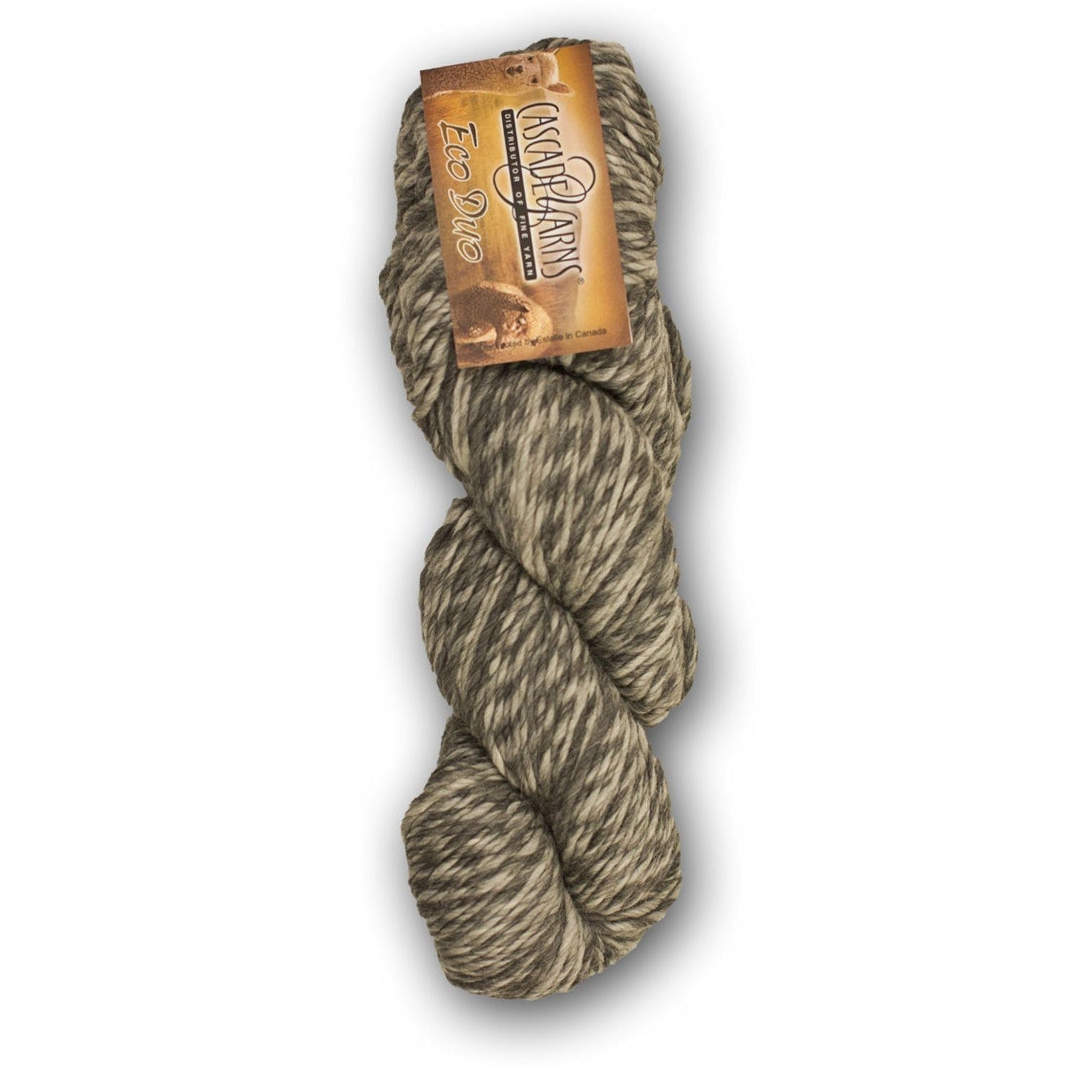 Cascade Yarns Eco Duo in a soft gray and cream twist for knitting and crocheting projects