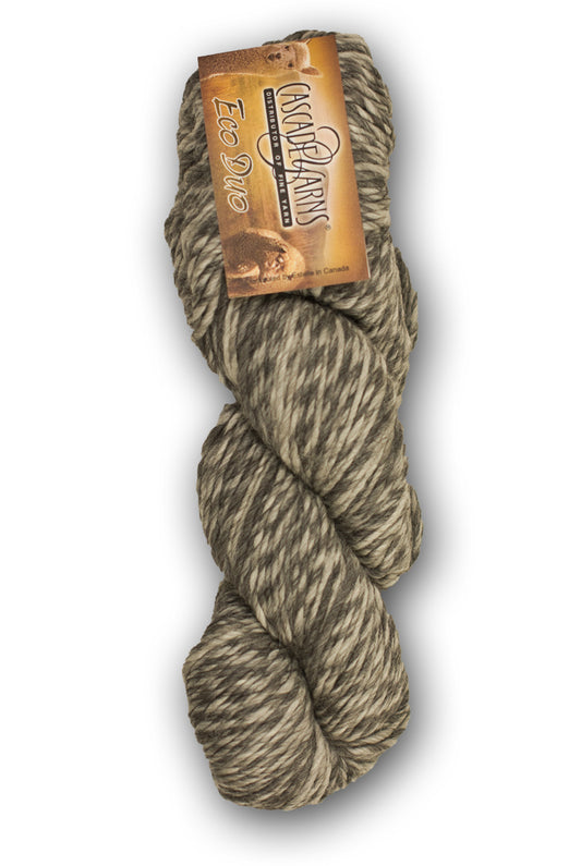 Cascade Yarns Eco Duo in a soft gray and cream twist for knitting and crocheting projects