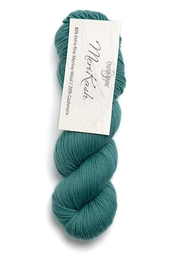 Cascade Yarns MeriKash in teal color, a soft blend of merino wool and cashmere for knitting projects