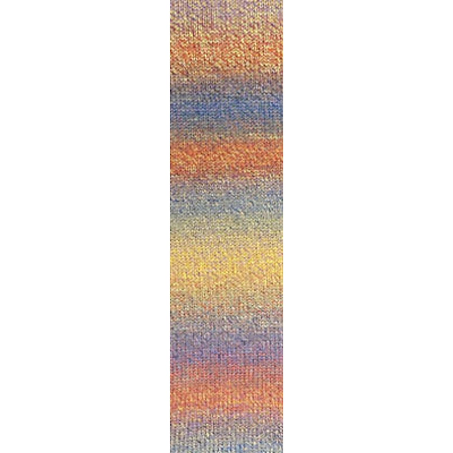 Cascade Yarns wholesale variegated yarn in soft blue, orange, and yellow hues for knitting and crocheting