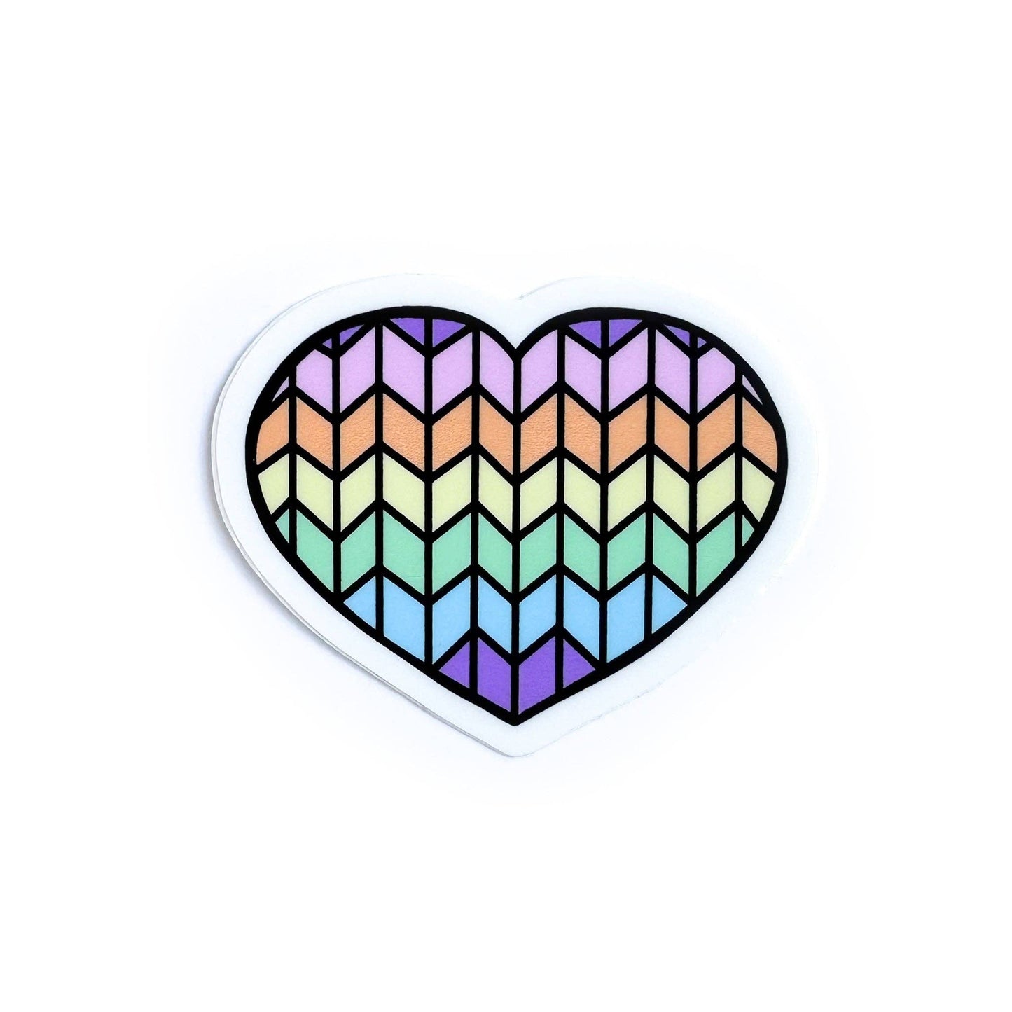 Colorful heart-shaped cat sticker featuring a zigzag pattern in pastel hues