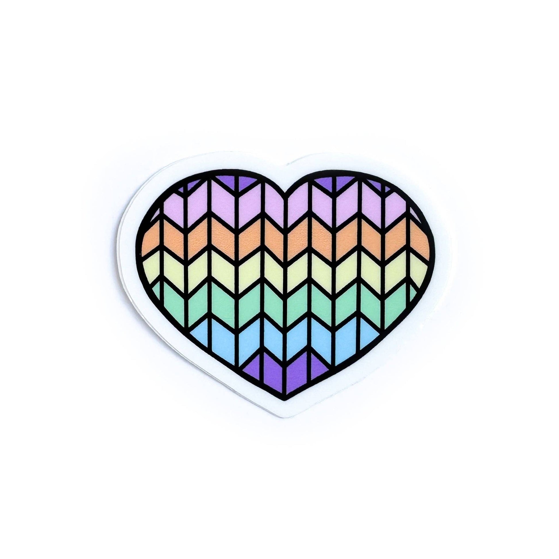 Colorful heart-shaped cat sticker featuring a zigzag pattern in pastel hues
