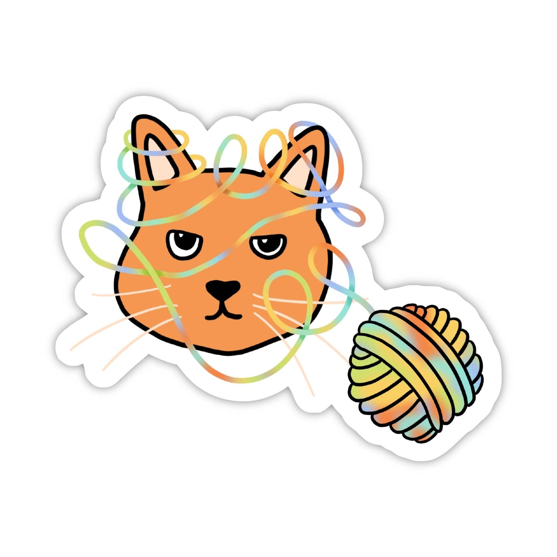 Colorful cat sticker featuring an orange cat with yarn, perfect for animal lovers