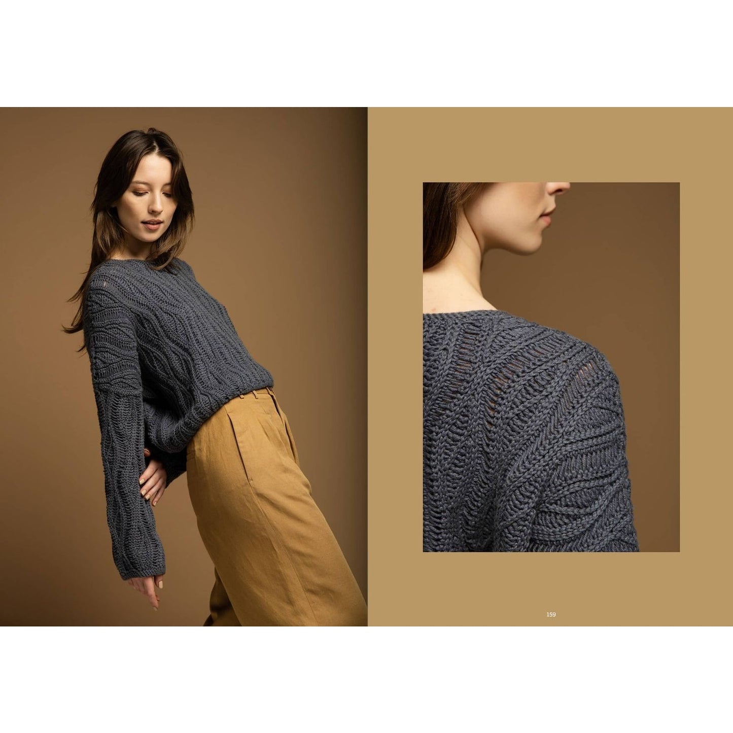 Crochet garments patterns featuring a model in a textured gray sweater with long sleeves