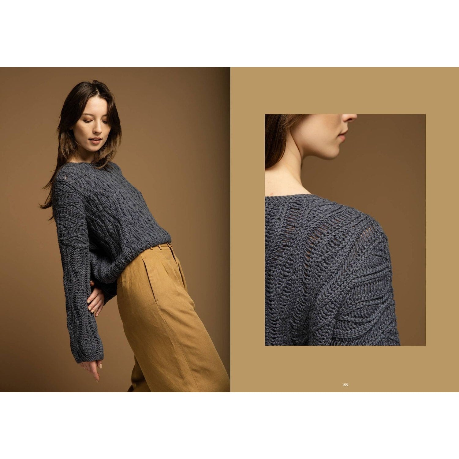 Crochet garments patterns featuring a model in a textured gray sweater with long sleeves