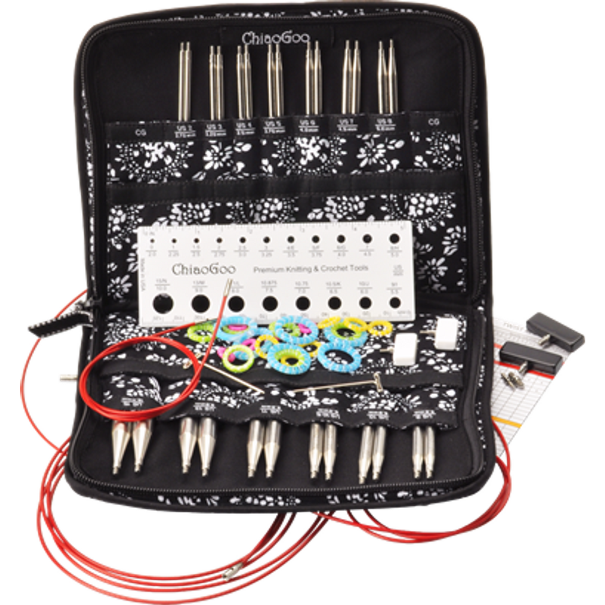 Chiaogoo TWIST Lace interchangeable needle set in a floral case with various tips and cables