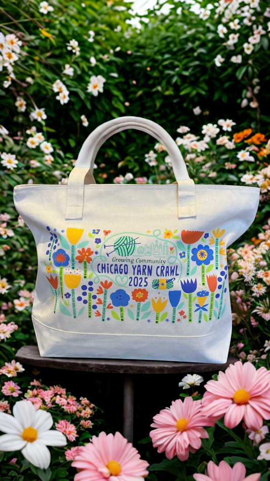 Chicago Yarn Crawl 2025 tote bag with colorful floral design and AriYARN Shop and Studio branding