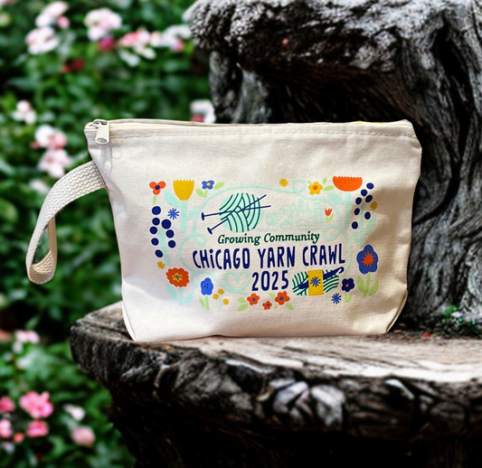 Chicago Yarn Crawl zip pouch with colorful floral design and 2025 logo by AriYARN Shop and Studio