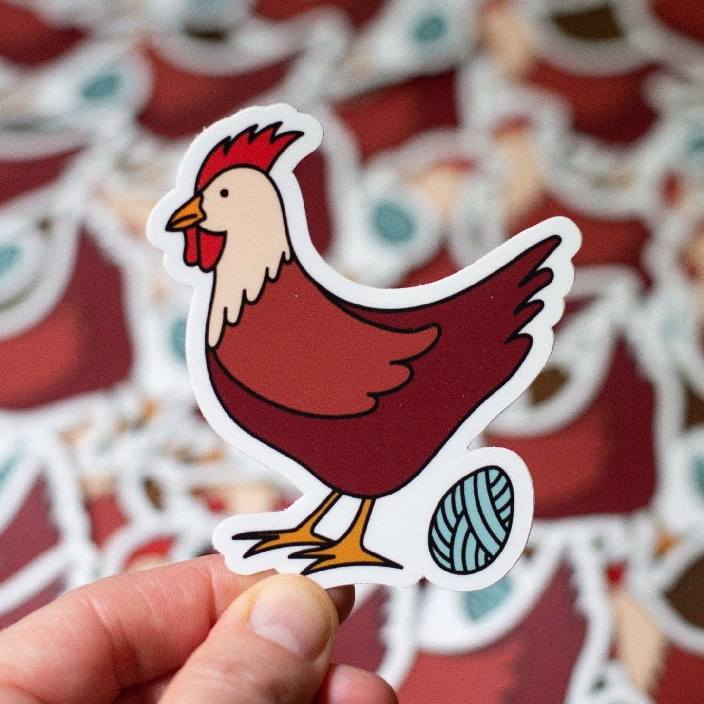 Camp Stitchwood colorful hen sticker with a yarn ball, perfect for sticker collectors