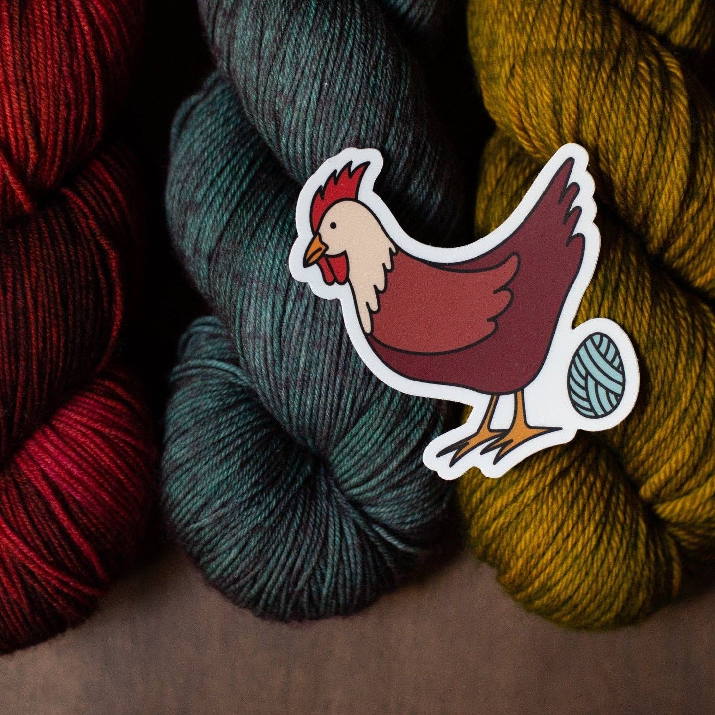 Camp Stitchwood Chicken Yarn Sticker on Colorful Yarn Skeins for Craft Lovers