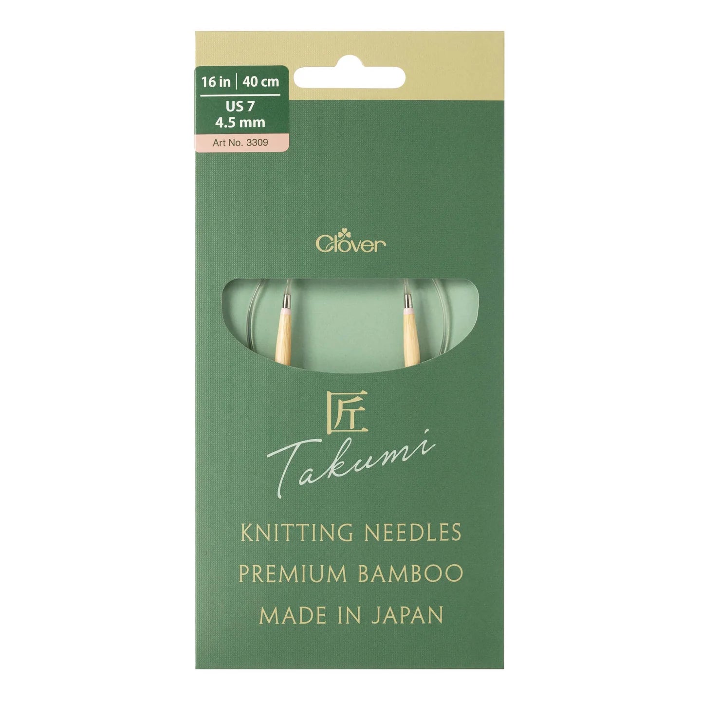 Clover Takumi 16 inch knitting needles made of premium bamboo, US size 7, 4.5 mm, crafted in Japan