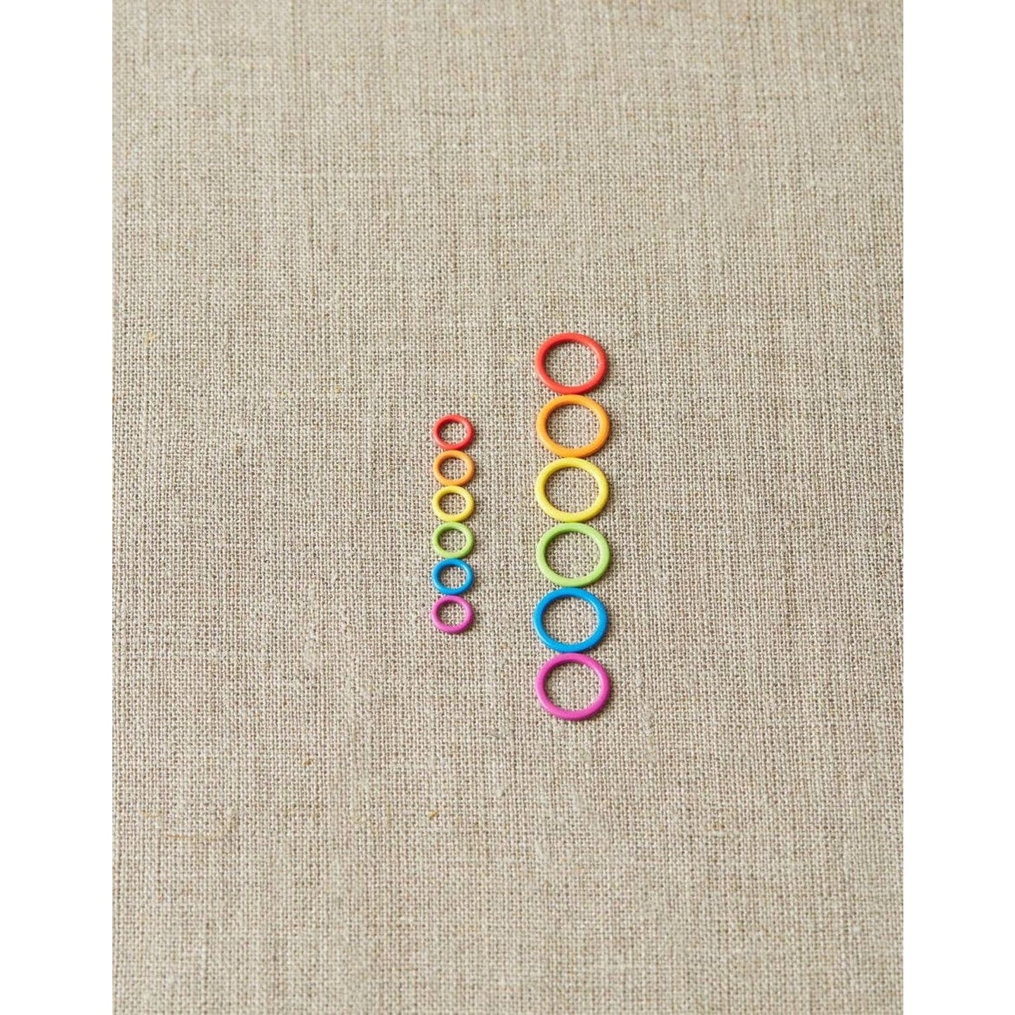 Cocoknits ring stitch markers in vibrant rainbow colors for easy knitting and crochet projects