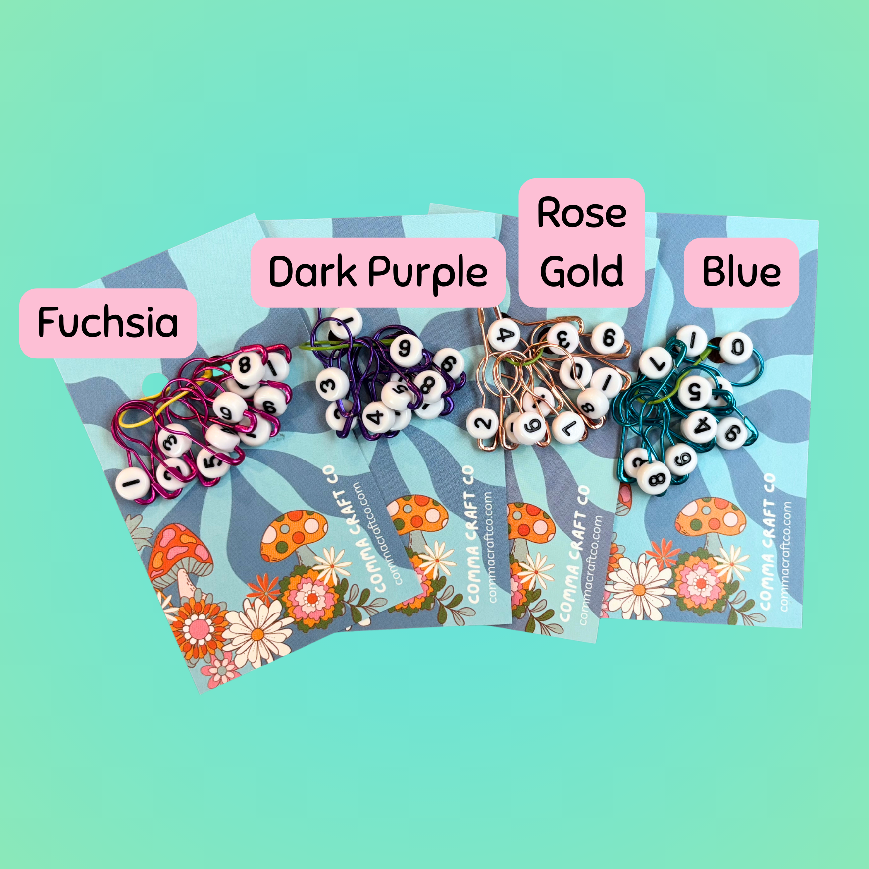 Comma Craft Co crochet markers stitch markers in Fuchsia, Dark Purple, Rose Gold, and Blue for easy knitting