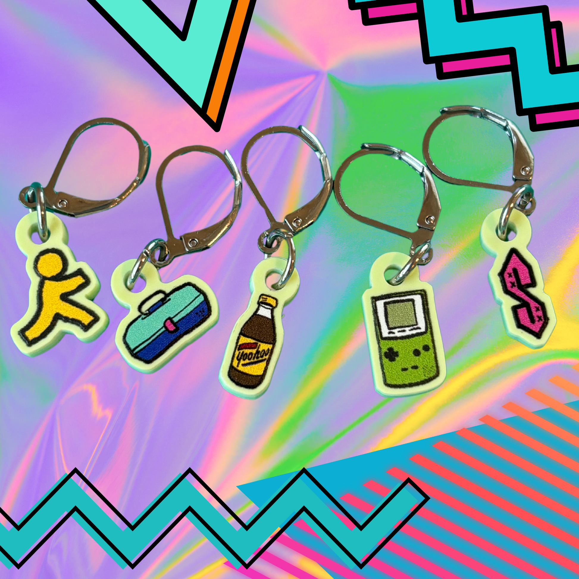 Comma Craft Co nostalgic 90s kid knitting accessories keychain set featuring Game Boy fanny pack bottle and dollar sign charm