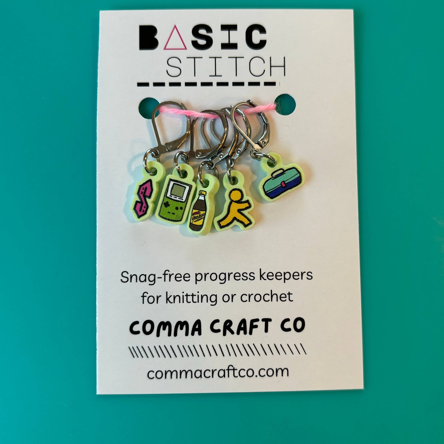 Comma Craft Co stitch marker set with five retro 90s icon charms on rings nostalgic 90s kid knitting accessories