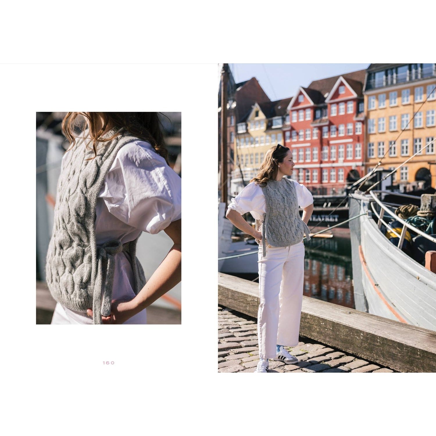 Fashion model wearing a cozy gray knitted vest by the harbor with colorful buildings in the background, featured in 'cozy co…