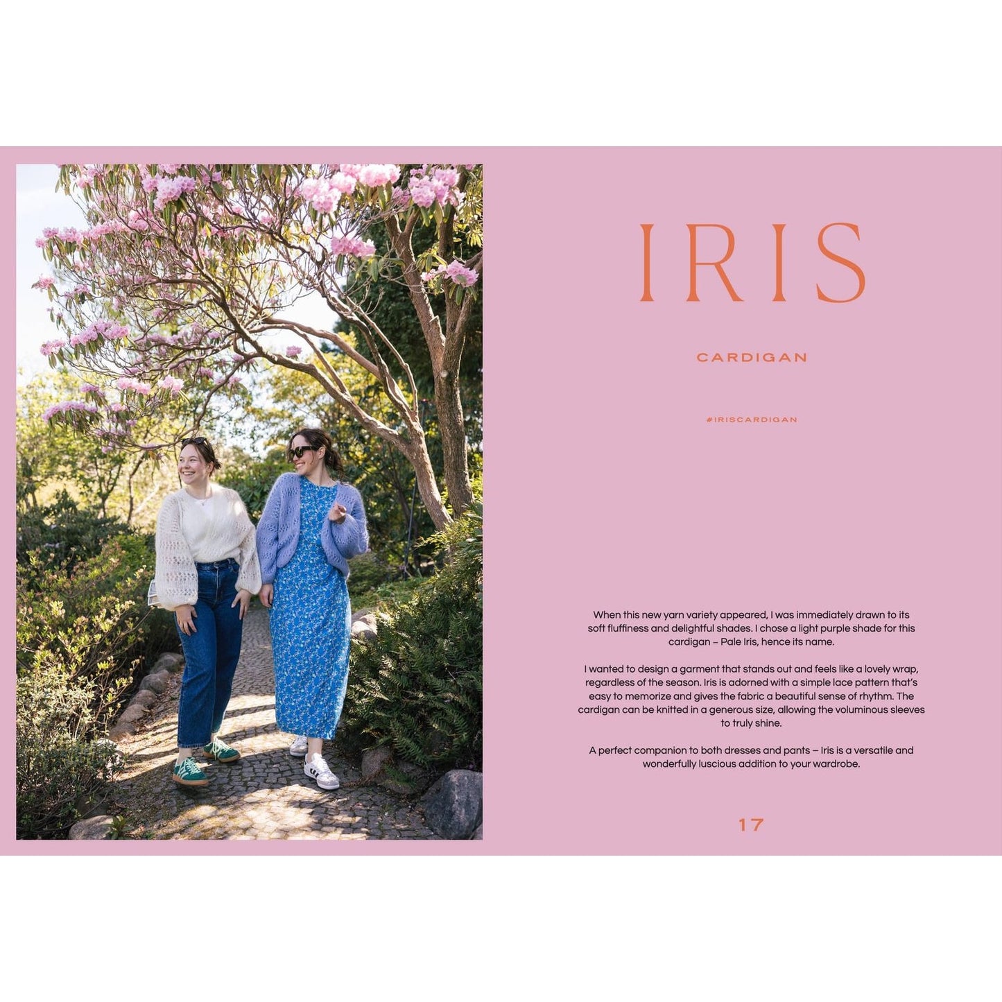 Cozy Colors book featuring Iris Cardigan with two models showcasing stylish outfits in a garden setting