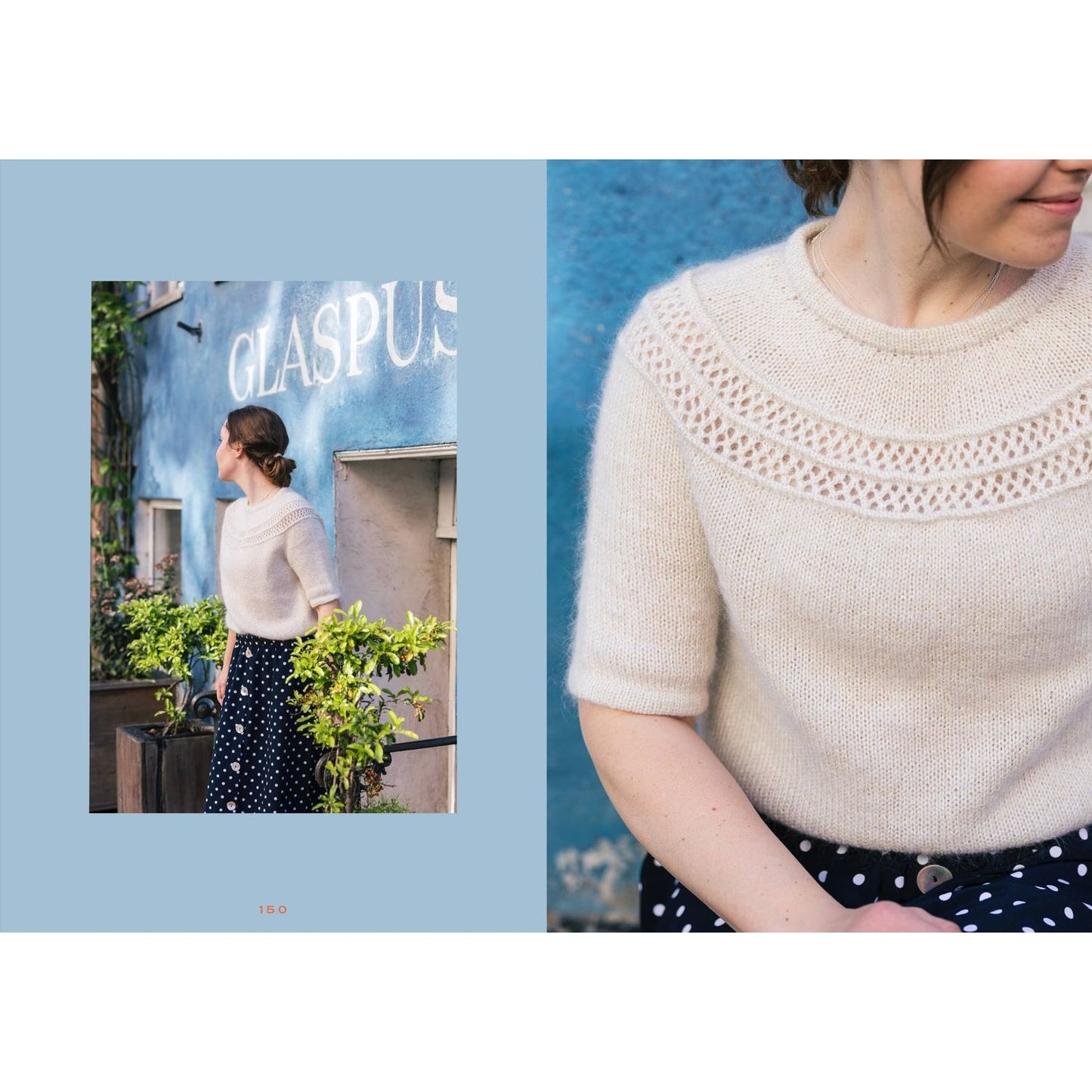 Cozy Colors Book featuring a model wearing a cream knitted sweater with lace detailing and polka dot skirt