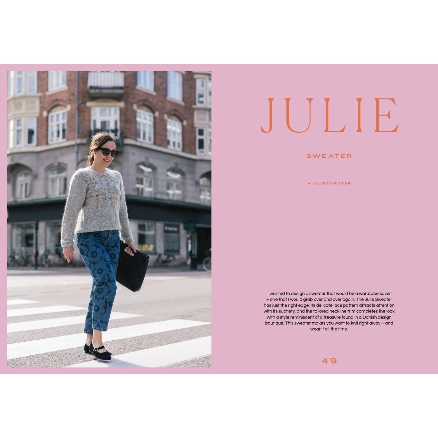 Fashionable model wearing a cozy sweater and printed pants featured in the cozy colors book