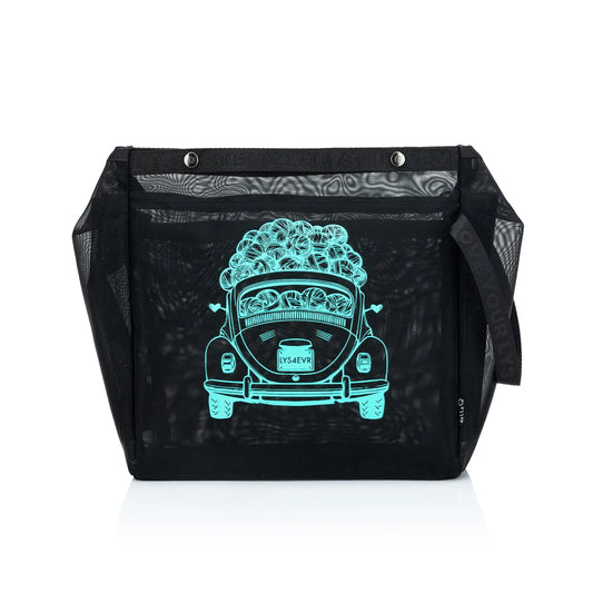 Madelinetosh black mesh knitting project bag with pockets featuring turquoise car and yarn graphic