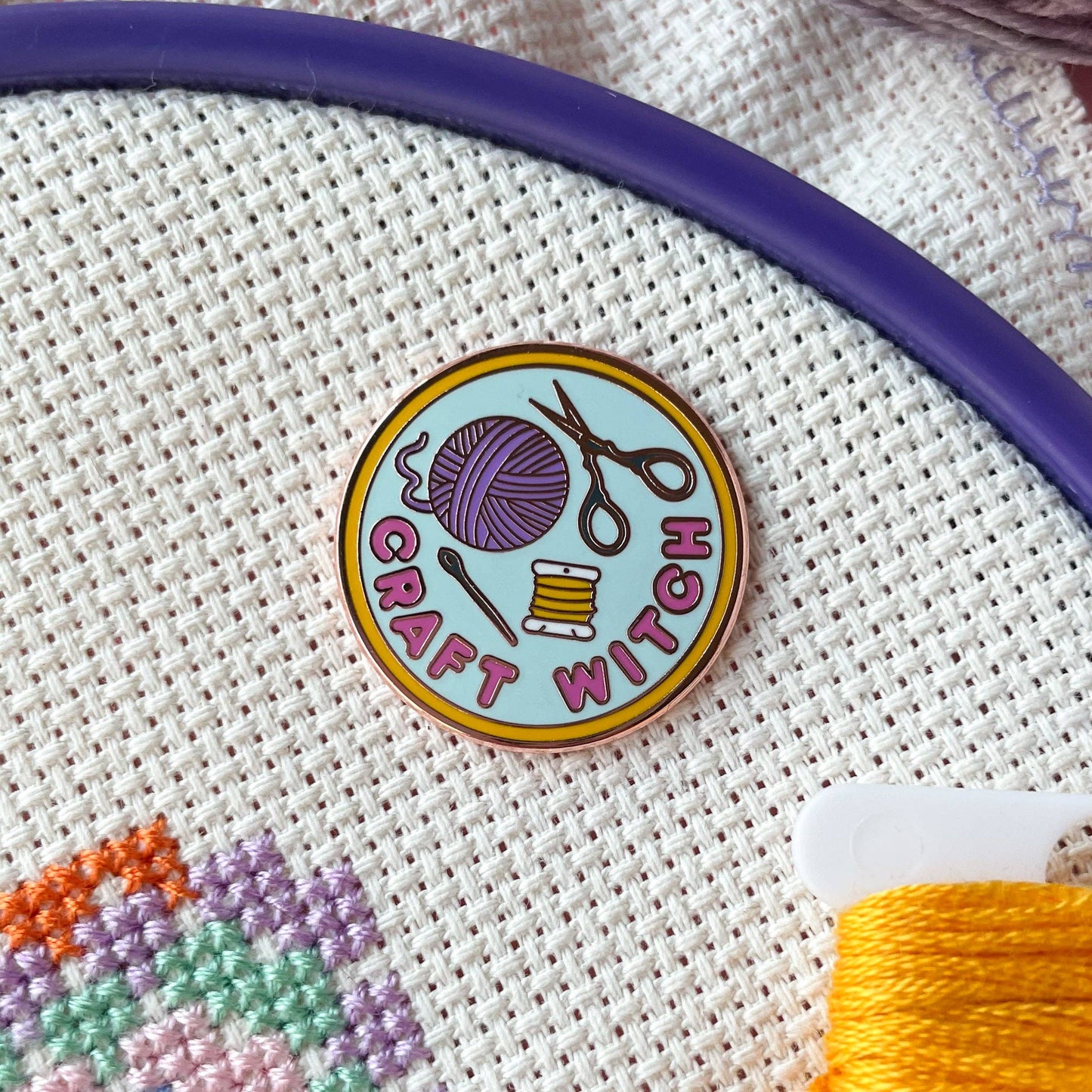 Craft Witch Enamel Pin featuring yarn and scissors for witch-craft enthusiasts
