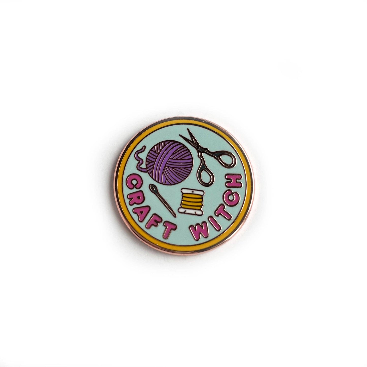 Colorful Craft Witch Enamel Pin Featuring Yarn, Scissors, and Thread for Witch-Craft Enthusiasts