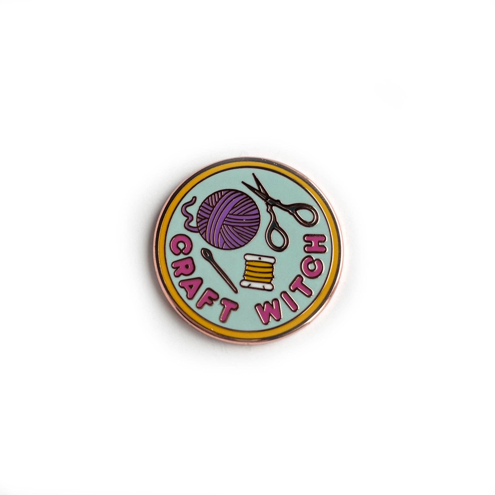 Colorful Craft Witch Enamel Pin Featuring Yarn, Scissors, and Thread for Witch-Craft Enthusiasts