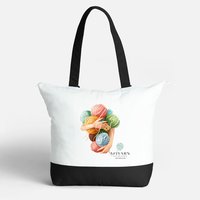 AriYARN Shop and Studio cotton tote bag for crochet supplies, white canvas tote with black base, colorful yarn print