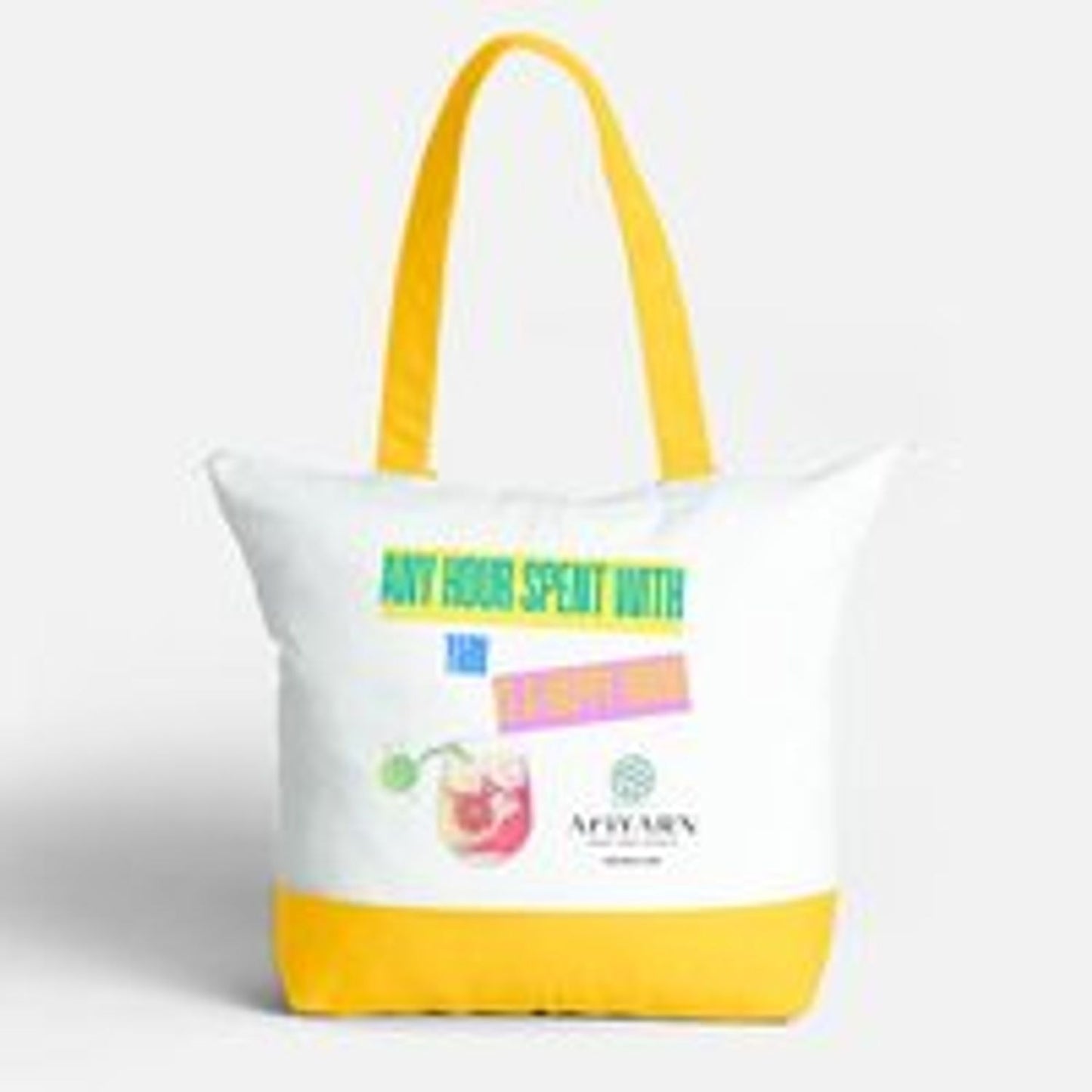 AriYARN Shop and Studio cotton tote bag for crochet supplies white with yellow straps and colorful yarn cocktail print