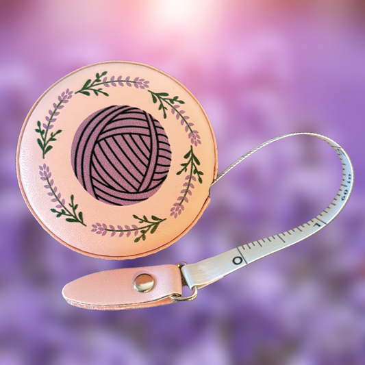 Pink round retractable tape with yarn ball and floral wreath leather tab and extended tape cute tape measure for crafters