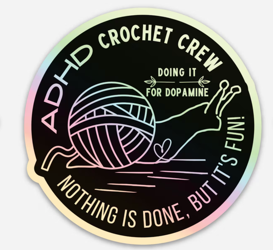 Comma Craft Co mental health holographic vinyl sticker ADHD Crochet Crew yarn ball and playful doodle design