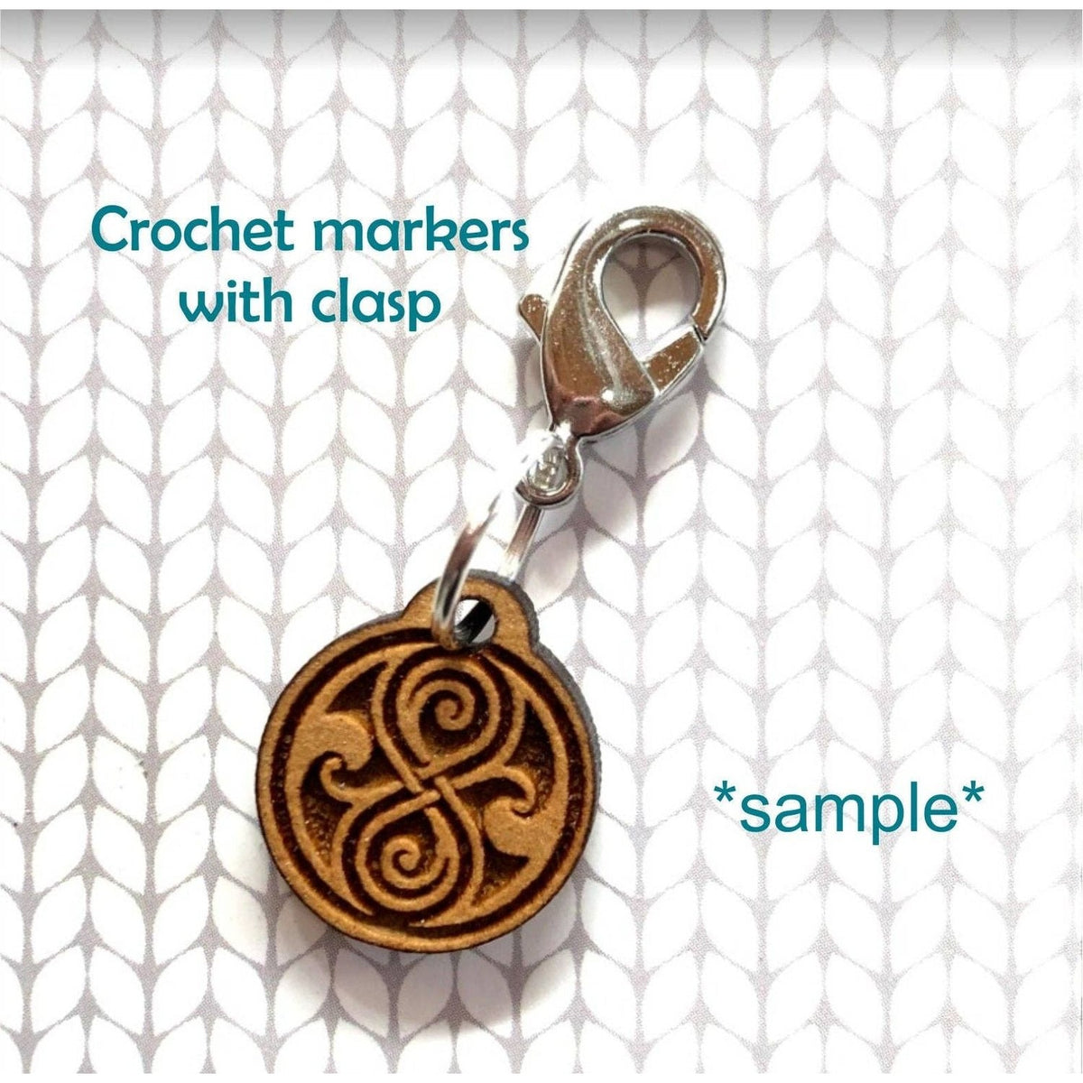 Wooden crochet markers with clasp featuring a decorative design for stitching, ideal stitch markers for crocheting