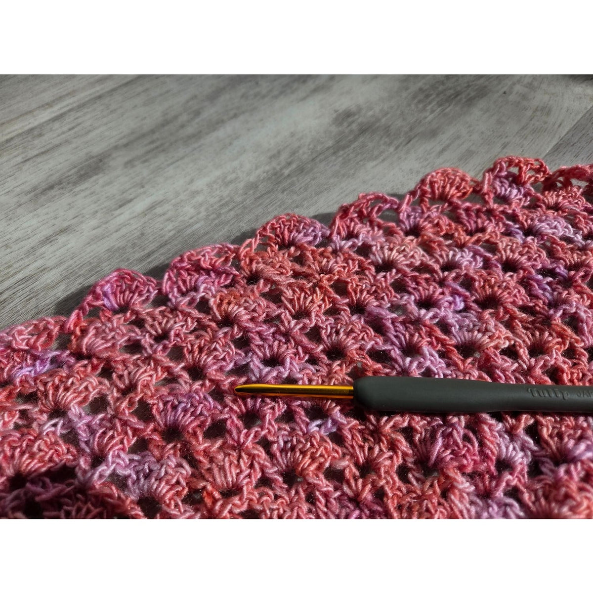 Crochet project in progress with a hook, private crochet teacher Chicago area for personalized instruction