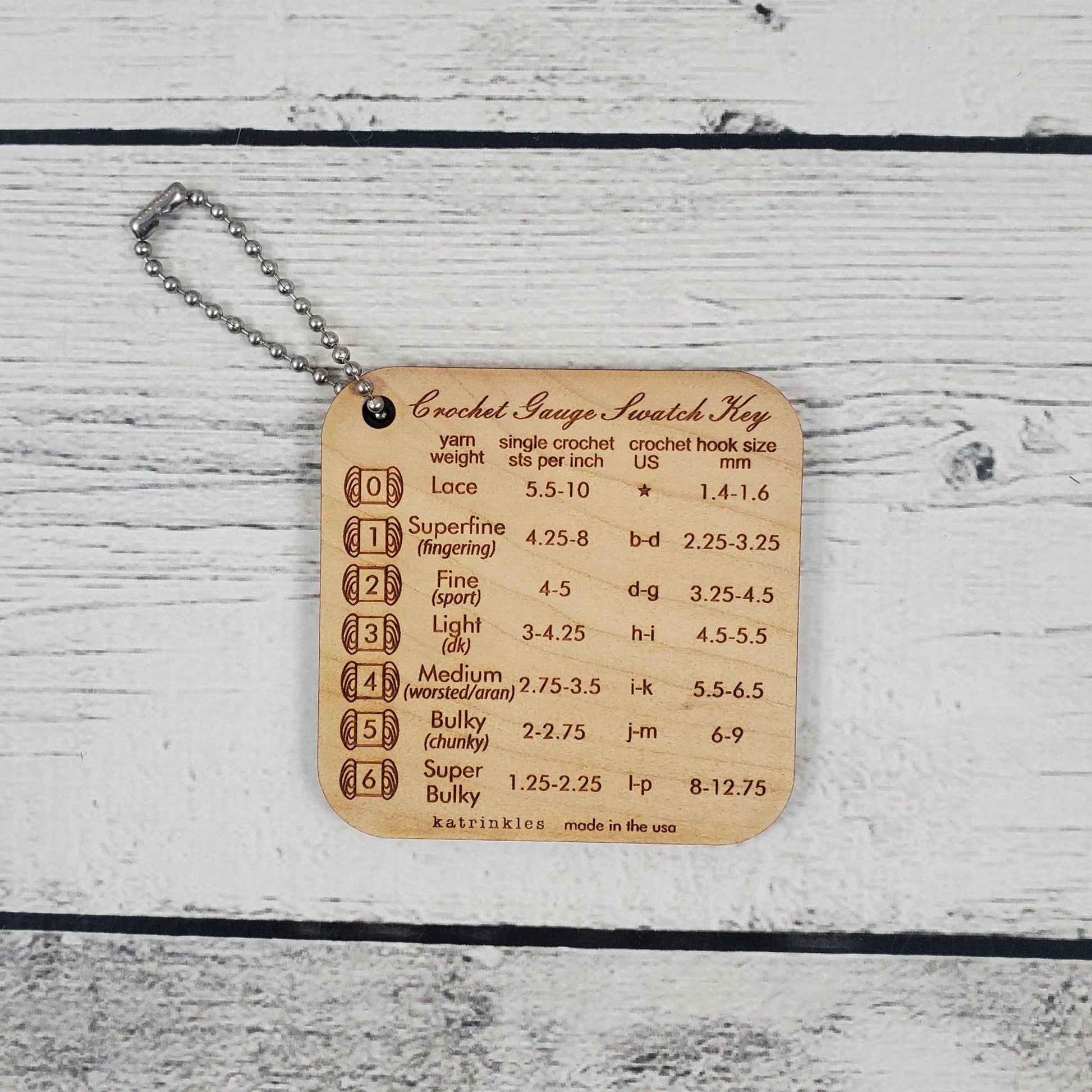 Katrinkles crochet gauge swatch key tool for measuring yarn weight and crochet hook size