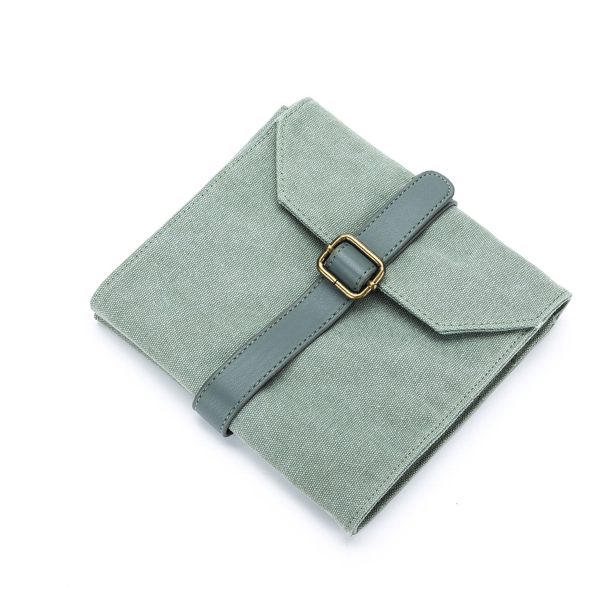 Della Q needle case sage in soft green fabric with a stylish buckle closure for knitting supplies