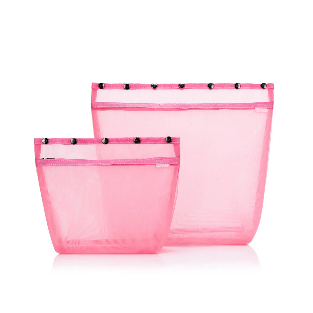 Two pink dellaQ Oh Snap bags in various sizes, perfect for organizing craft supplies and accessories