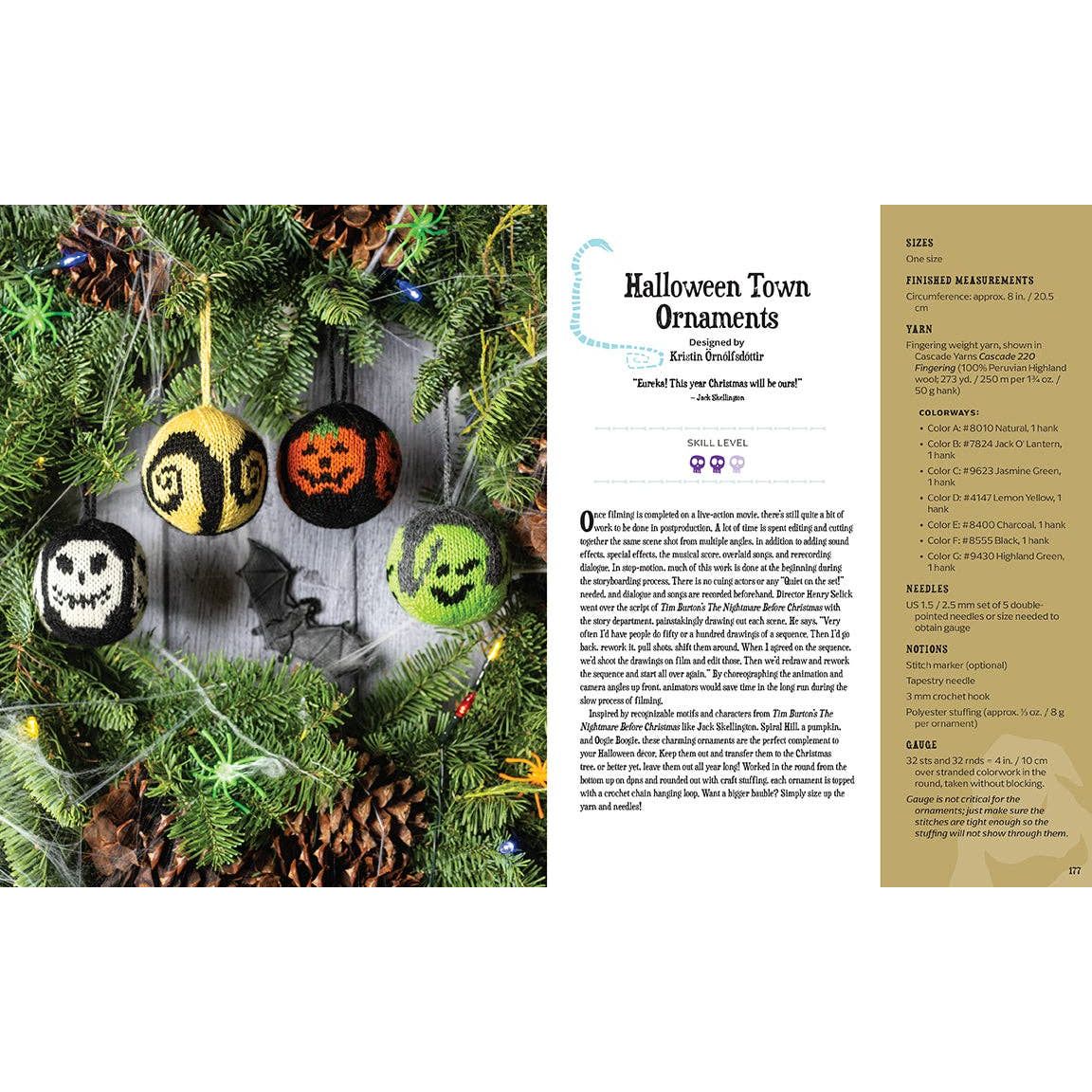 Colorful Halloween Town ornaments inspired by nightmare before christmas the movie, hanging on a festive tree.