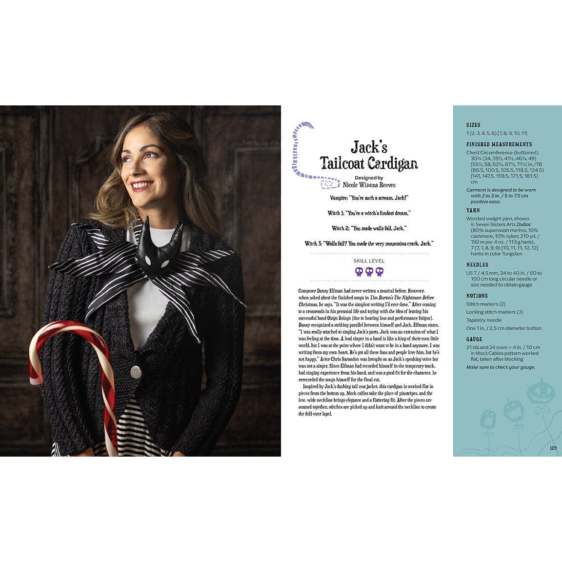 Jack's Tailcoat Cardigan inspired by nightmare before christmas the movie, worn by a model with candy cane