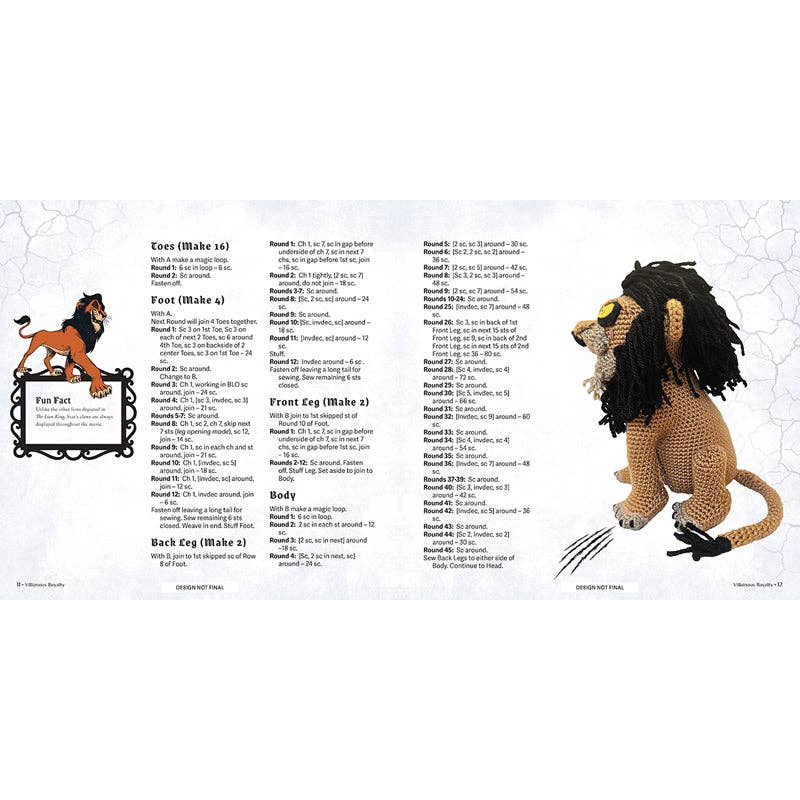 Crochet pattern guide for Disney the villains characters including a lion with detailed instructions